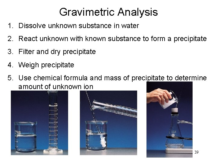 Gravimetric Analysis 1. Dissolve unknown substance in water 2. React unknown with known substance
