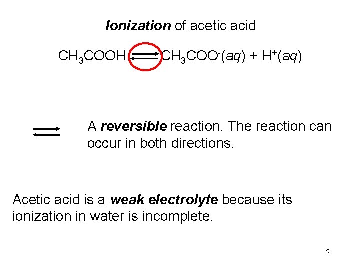 Ionization of acetic acid CH 3 COOH CH 3 COO-(aq) + H+(aq) A reversible