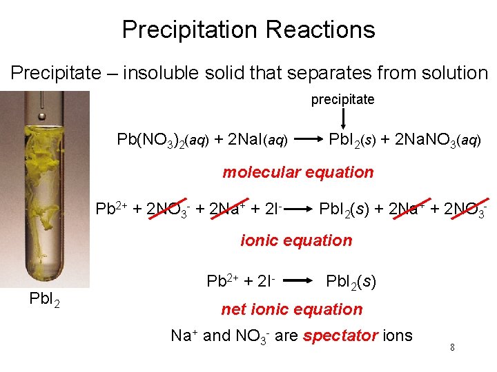Precipitation Reactions Precipitate – insoluble solid that separates from solution precipitate Pb(NO 3)2(aq) +