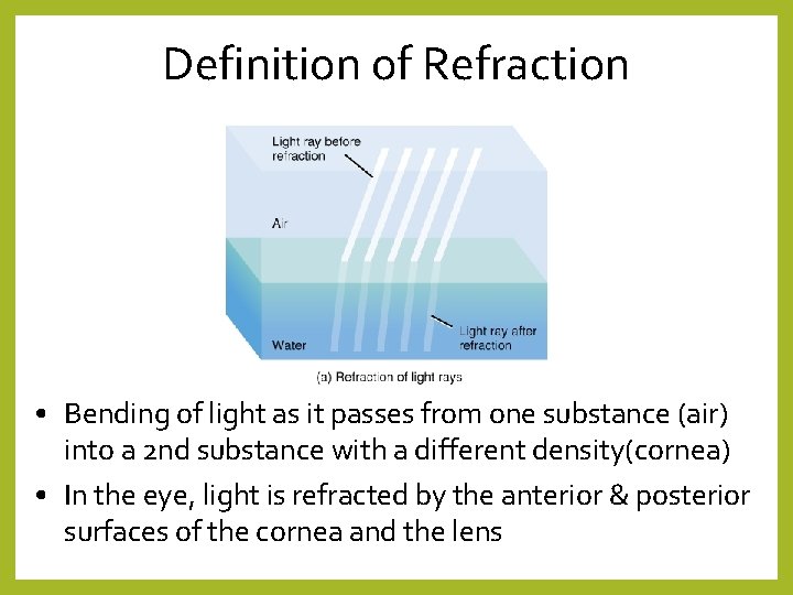 Definition of Refraction • Bending of light as it passes from one substance (air)