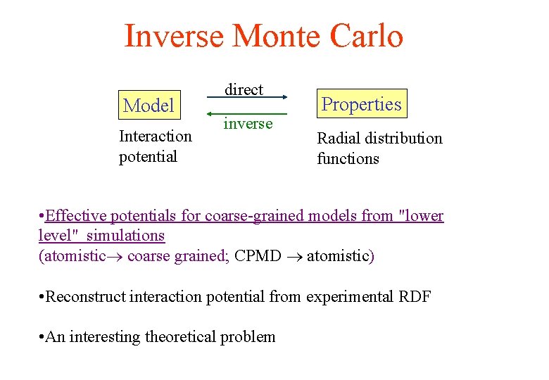 Inverse Monte Carlo Model Interaction potential direct inverse Properties Radial distribution functions • Effective Inverse Monte Carlo Model Interaction potential direct inverse Properties Radial distribution functions • Effective