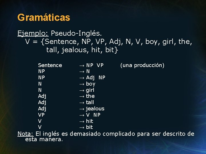 Gramáticas Ejemplo: Pseudo-Inglés. V = {Sentence, NP, VP, Adj, N, V, boy, girl, the, Gramáticas Ejemplo: Pseudo-Inglés. V = {Sentence, NP, VP, Adj, N, V, boy, girl, the,