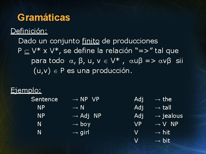 Gramáticas Definición: Dado un conjunto finito de producciones P V* x V*, se define Gramáticas Definición: Dado un conjunto finito de producciones P V* x V*, se define