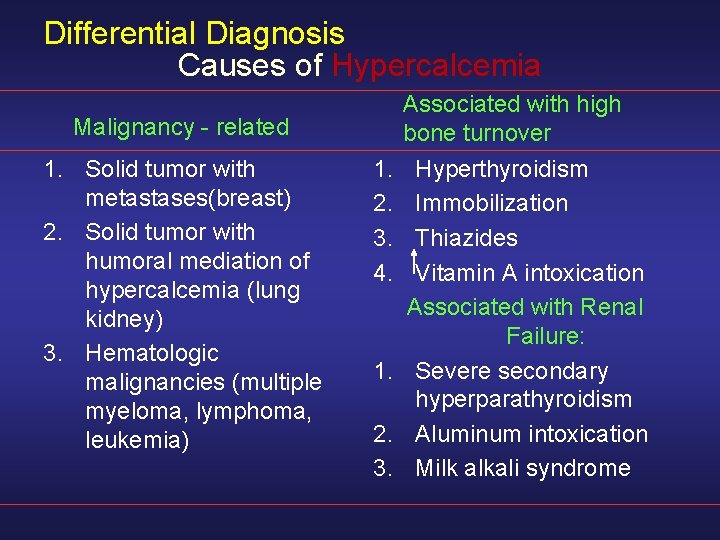 Differential Diagnosis Causes of Hypercalcemia Malignancy - related 1. Solid tumor with metastases(breast) 2.
