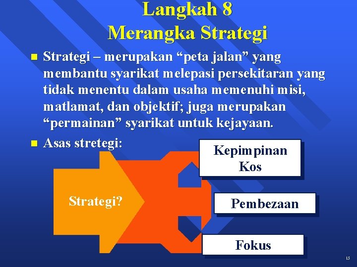 Langkah 8 Merangka Strategi n n Strategi – merupakan “peta jalan” yang membantu syarikat