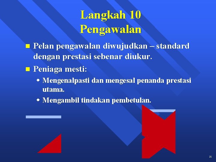 Langkah 10 Pengawalan n n Pelan pengawalan diwujudkan – standard dengan prestasi sebenar diukur.