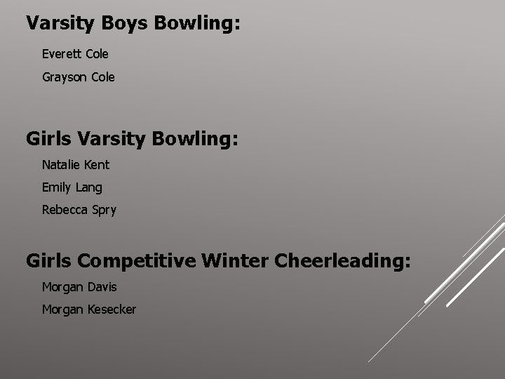 Varsity Boys Bowling: Everett Cole Grayson Cole Girls Varsity Bowling: Natalie Kent Emily Lang