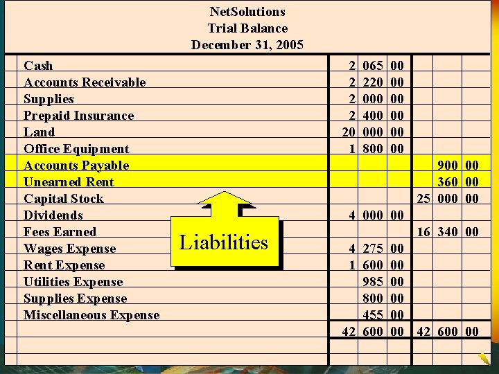 Net. Solutions Trial Balance December 31, 2005 Cash Accounts Receivable Supplies Prepaid Insurance Land