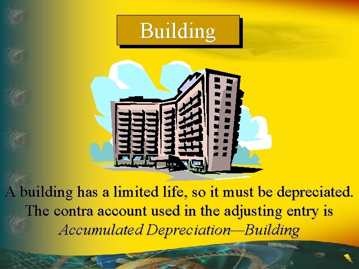 Building A building has a limited life, so it must be depreciated. The contra