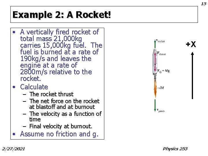15 Example 2: A Rocket! • A vertically fired rocket of total mass 21, 15 Example 2: A Rocket! • A vertically fired rocket of total mass 21,