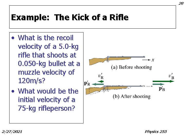 28 Example: The Kick of a Rifle • What is the recoil velocity of 28 Example: The Kick of a Rifle • What is the recoil velocity of
