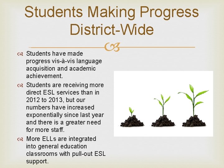 Students Making Progress District-Wide Students have made progress vis-à-vis language acquisition and academic achievement.
