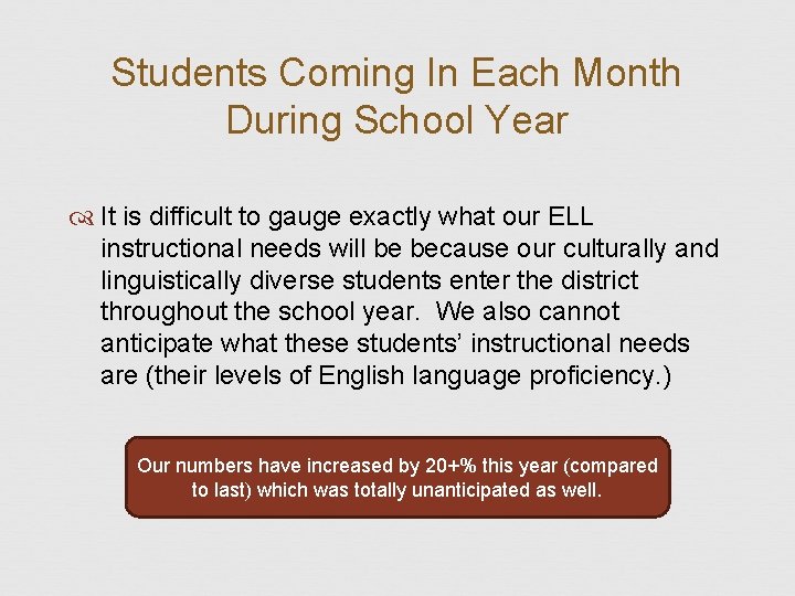 Students Coming In Each Month During School Year It is difficult to gauge exactly