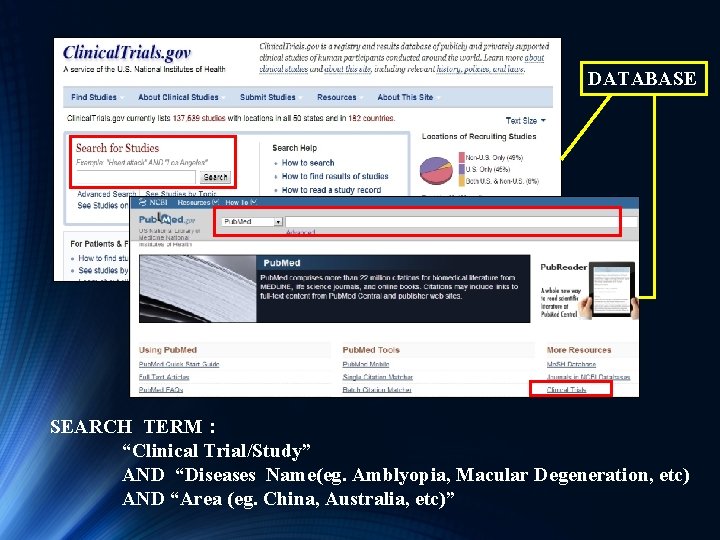 DATABASE SEARCH TERM： “Clinical Trial/Study” AND “Diseases Name(eg. Amblyopia, Macular Degeneration, etc) AND “Area