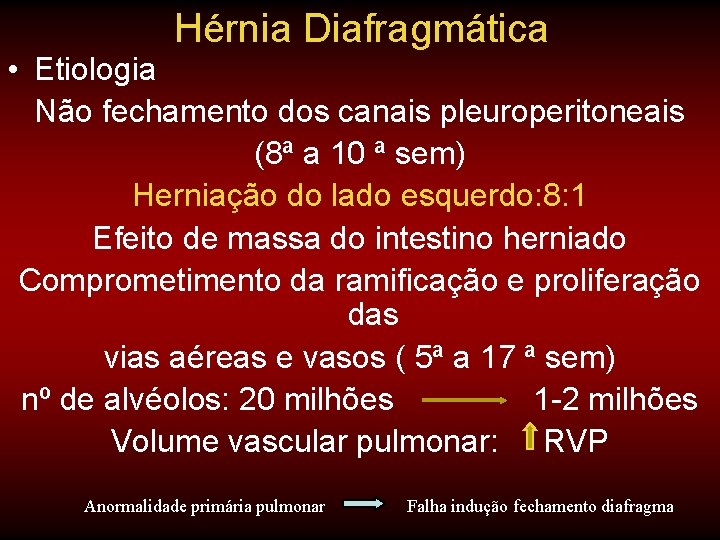 Hérnia Diafragmática • Etiologia Não fechamento dos canais pleuroperitoneais (8ª a 10 ª sem)