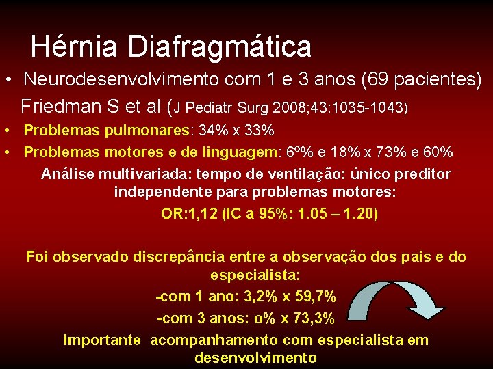 Hérnia Diafragmática • Neurodesenvolvimento com 1 e 3 anos (69 pacientes) Friedman S et