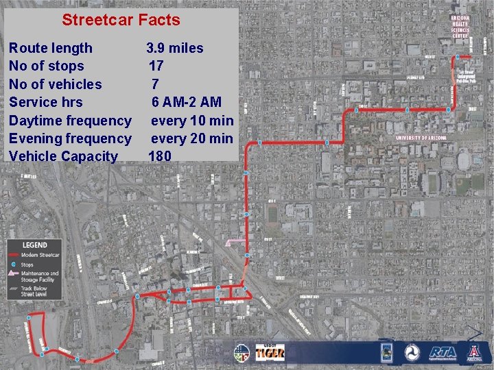 Streetcar Facts Route length No of stops No of vehicles Service hrs Daytime frequency