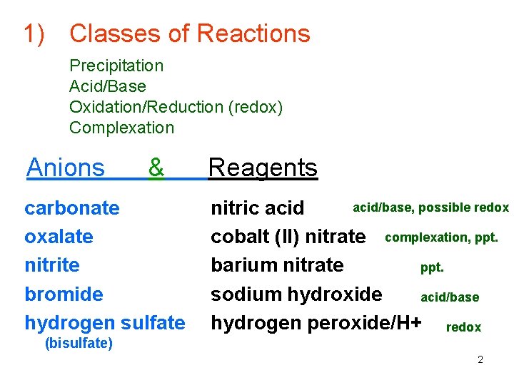 1) Classes of Reactions Precipitation Acid/Base Oxidation/Reduction (redox) Complexation Anions & Reagents carbonate oxalate