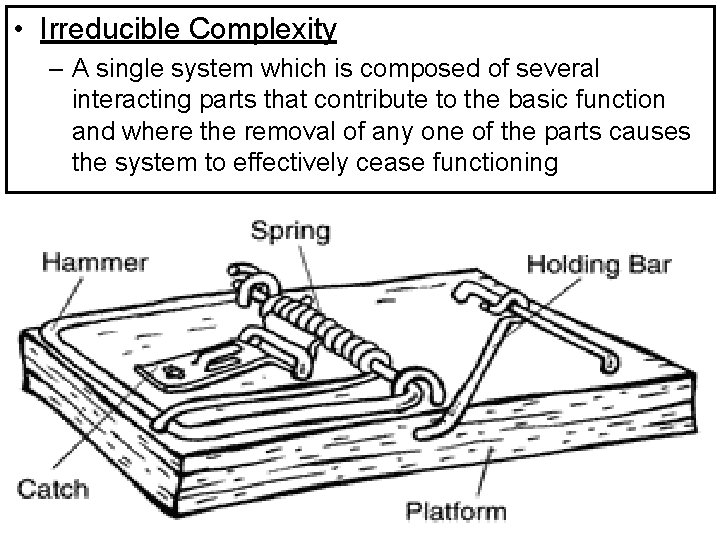  • Irreducible Complexity – A single system which is composed of several interacting