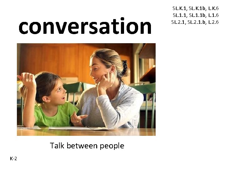 conversation Talk between people K-2 SL. K. 1, SL. K. 1 b, L. K. conversation Talk between people K-2 SL. K. 1, SL. K. 1 b, L. K.