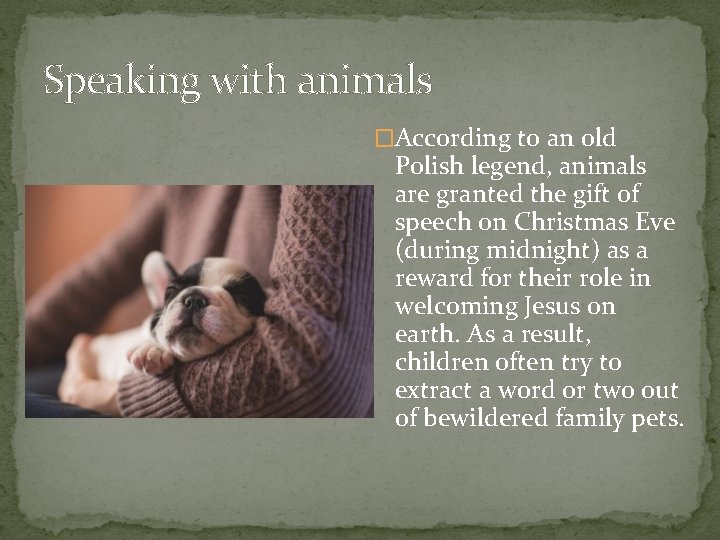 Speaking with animals �According to an old Polish legend, animals are granted the gift Speaking with animals �According to an old Polish legend, animals are granted the gift
