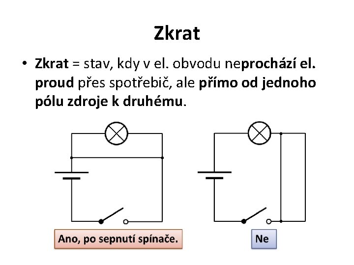 Zkrat • Zkrat = stav, kdy v el. obvodu neprochází el. proud přes spotřebič,