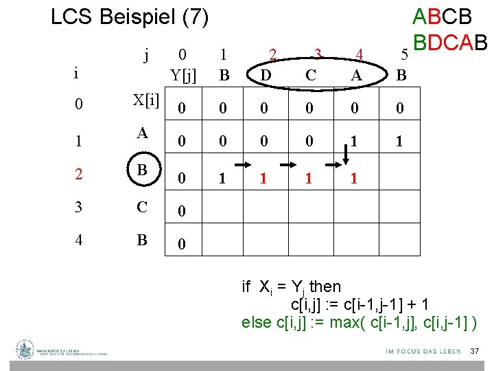 LCS Beispiel (7) j i ABCB BDCAB 5 0 Y[j] 1 B 2 D