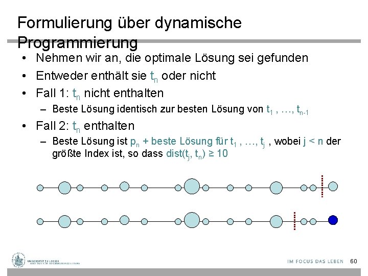 Formulierung über dynamische Programmierung • Nehmen wir an, die optimale Lösung sei gefunden •