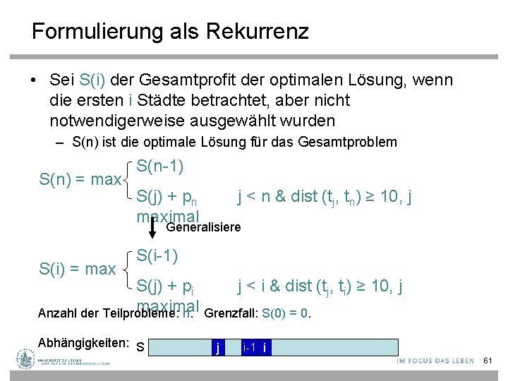 Formulierung als Rekurrenz • Sei S(i) der Gesamtprofit der optimalen Lösung, wenn die ersten