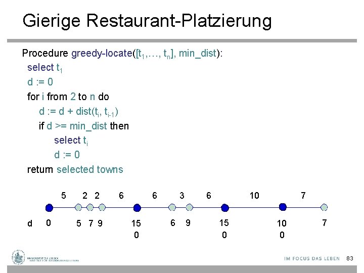 Gierige Restaurant-Platzierung Procedure greedy-locate([t 1, …, tn], min_dist): select t 1 d : =