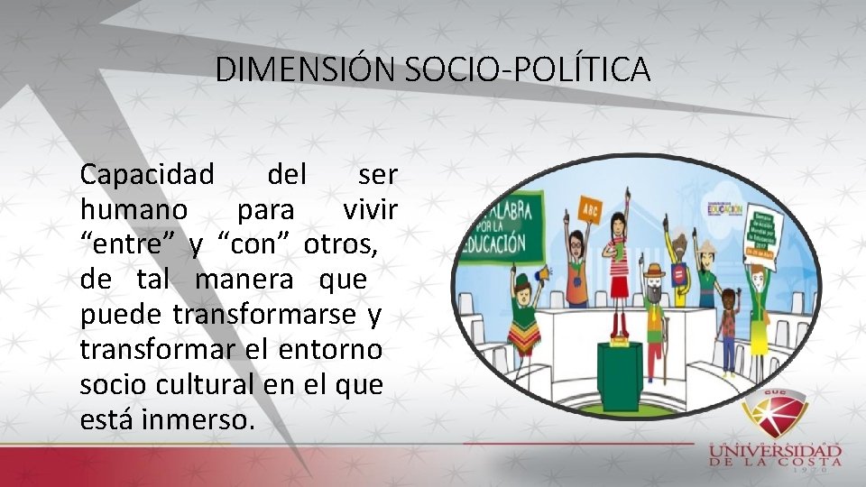 DIMENSIÓN SOCIO-POLÍTICA Capacidad del ser humano para vivir “entre” y “con” otros, de tal
