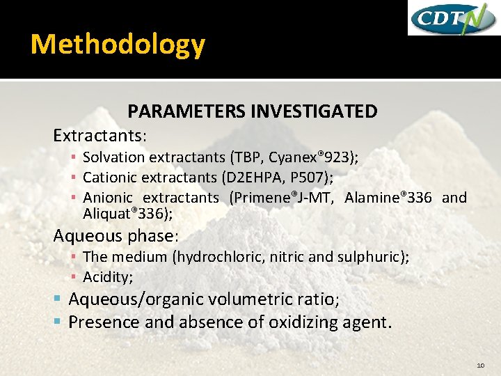 Methodology PARAMETERS INVESTIGATED Extractants: ▪ Solvation extractants (TBP, Cyanex® 923); ▪ Cationic extractants (D
