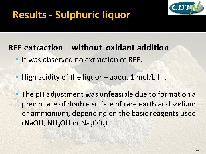 Results - Sulphuric liquor REE extraction – without oxidant addition It was observed no