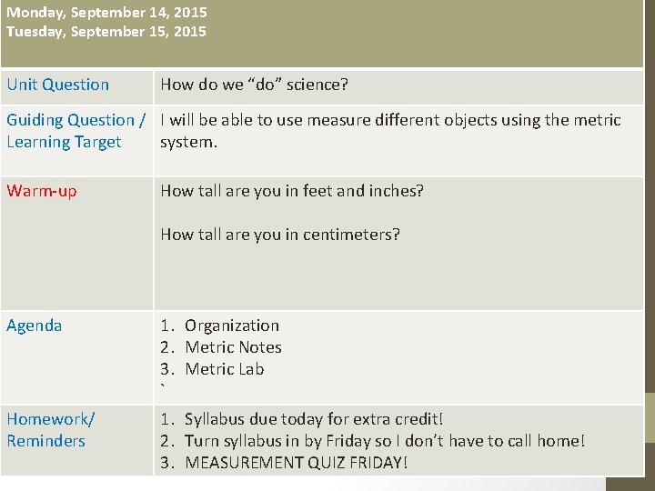 Monday, September 14, 2015 Tuesday, September 15, 2015 Unit Question How do we “do”