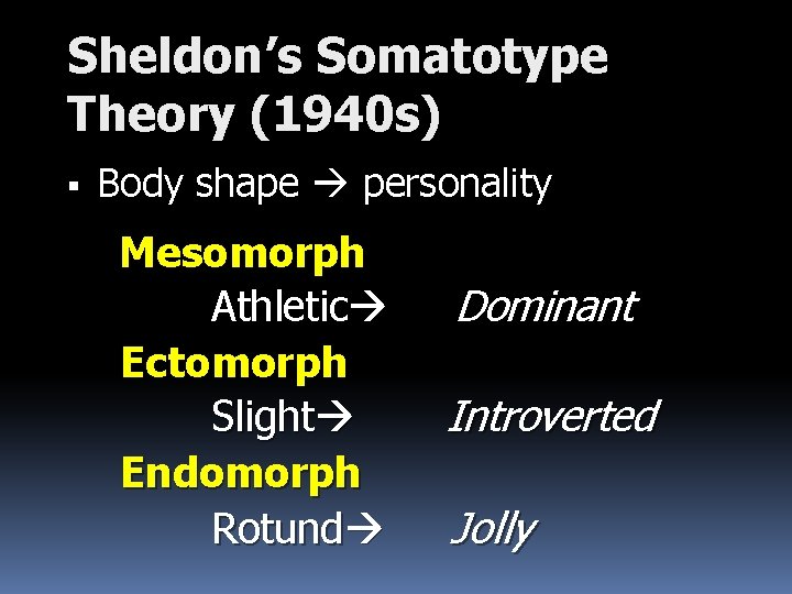 Sheldon’s Somatotype Theory (1940 s) § Body shape personality Mesomorph Athletic Ectomorph Slight Endomorph