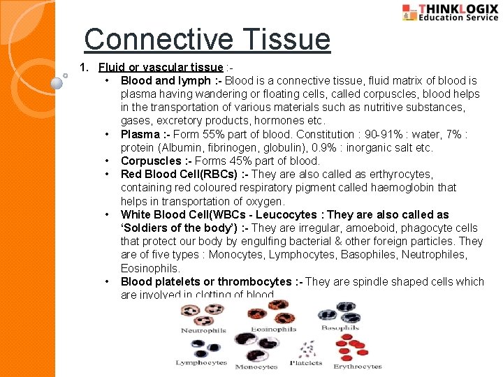 Connective Tissue 1. Fluid or vascular tissue : • Blood and lymph : -