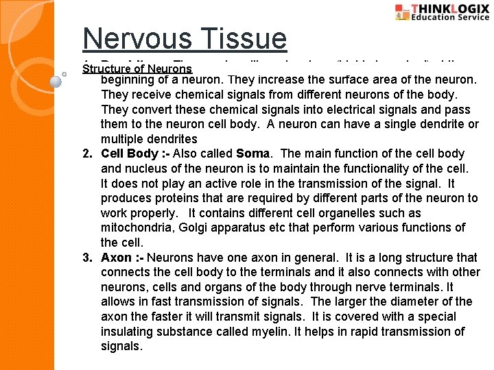 Nervous Tissue 1. Dendrites : - They are tree-like extensions (highly-branched) at the Structure