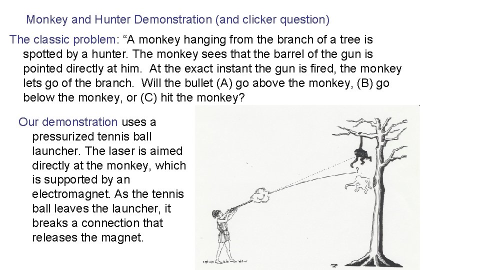 Monkey and Hunter Demonstration (and clicker question) The classic problem: “A monkey hanging from