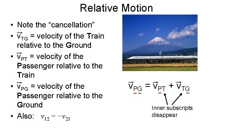 Relative Motion • Note the “cancellation” • v. TG = velocity of the Train