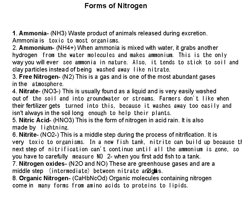 Forms of Nitrogen 1. Ammonia- (NH 3) Waste product of animals released during excretion.