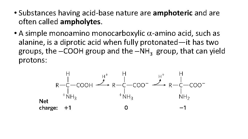  • Substances having acid-base nature amphoteric and are often called ampholytes. • A