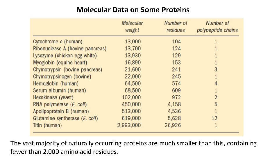 Molecular Data on Some Proteins The vast majority of naturally occurring proteins are much