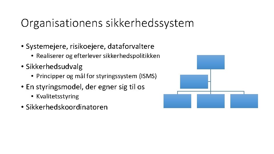 Organisationens sikkerhedssystem • Systemejere, risikoejere, dataforvaltere • Realiserer og efterlever sikkerhedspolitikken • Sikkerhedsudvalg •