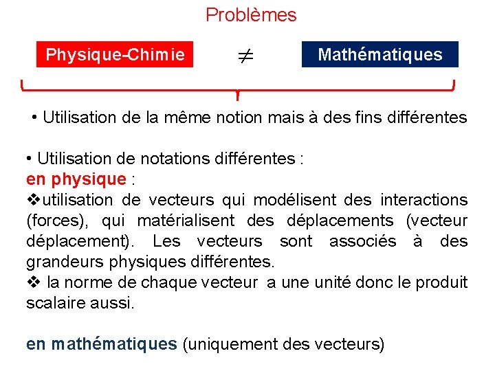 Problèmes Physique-Chimie Mathématiques • Utilisation de la même notion mais à des fins différentes