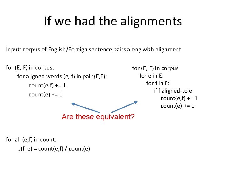 If we had the alignments Input: corpus of English/Foreign sentence pairs along with alignment