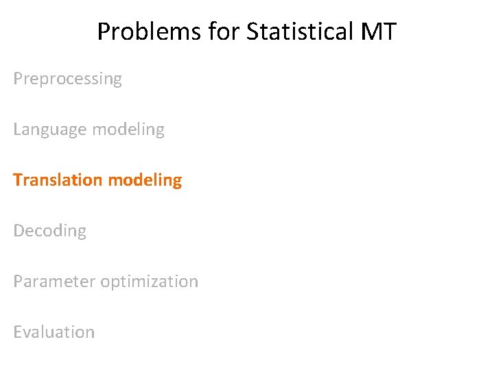 Problems for Statistical MT Preprocessing Language modeling Translation modeling Decoding Parameter optimization Evaluation 