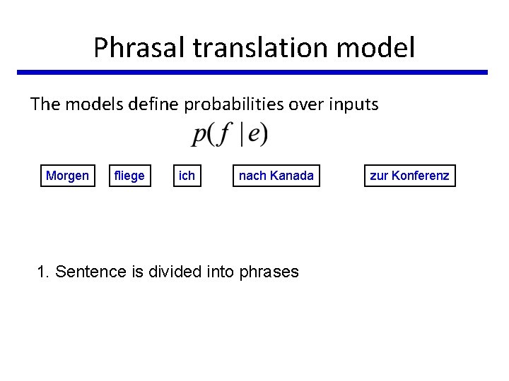 Phrasal translation model The models define probabilities over inputs Morgen fliege ich nach Kanada