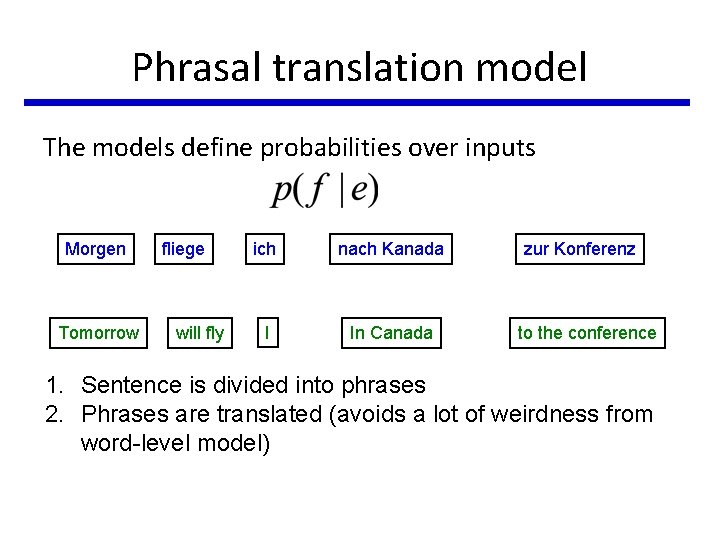 Phrasal translation model The models define probabilities over inputs Morgen Tomorrow fliege will fly