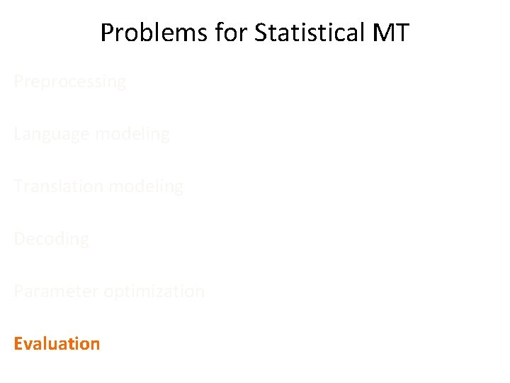 Problems for Statistical MT Preprocessing Language modeling Translation modeling Decoding Parameter optimization Evaluation 