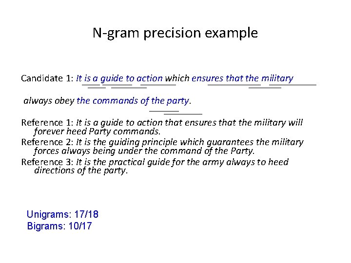 N-gram precision example Candidate 1: It is a guide to action which ensures that